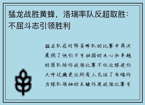 猛龙战胜黄蜂，洛瑞率队反超取胜：不屈斗志引领胜利